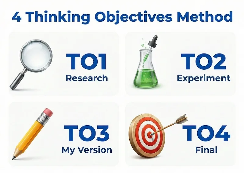 4 Thinking Objectives Method - TO1 Research, TO2 Experiment, TO3 My Version, TO4 Final
